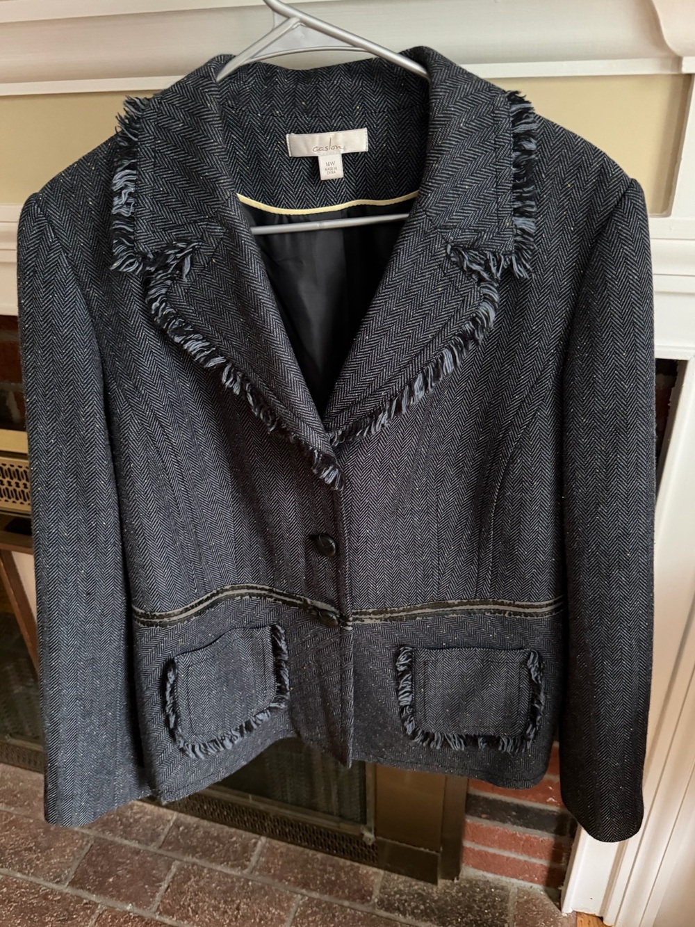 Caslon Dark Blue Herringbone Yellow Tweed Fringe Trim Jacket 14W